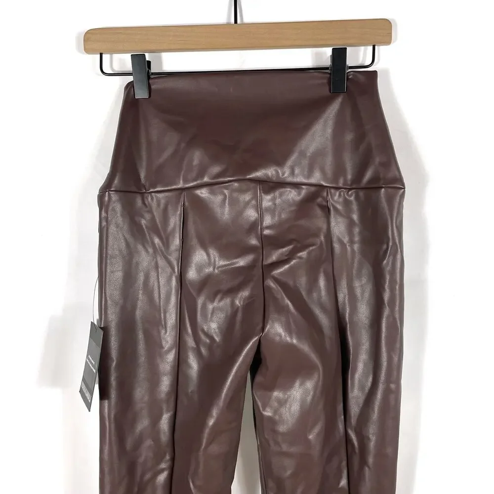Norma Kamali Spat Legging Faux Leather Pants Chocolate Brown Flare Split Sz XS - Picture 10 of 11